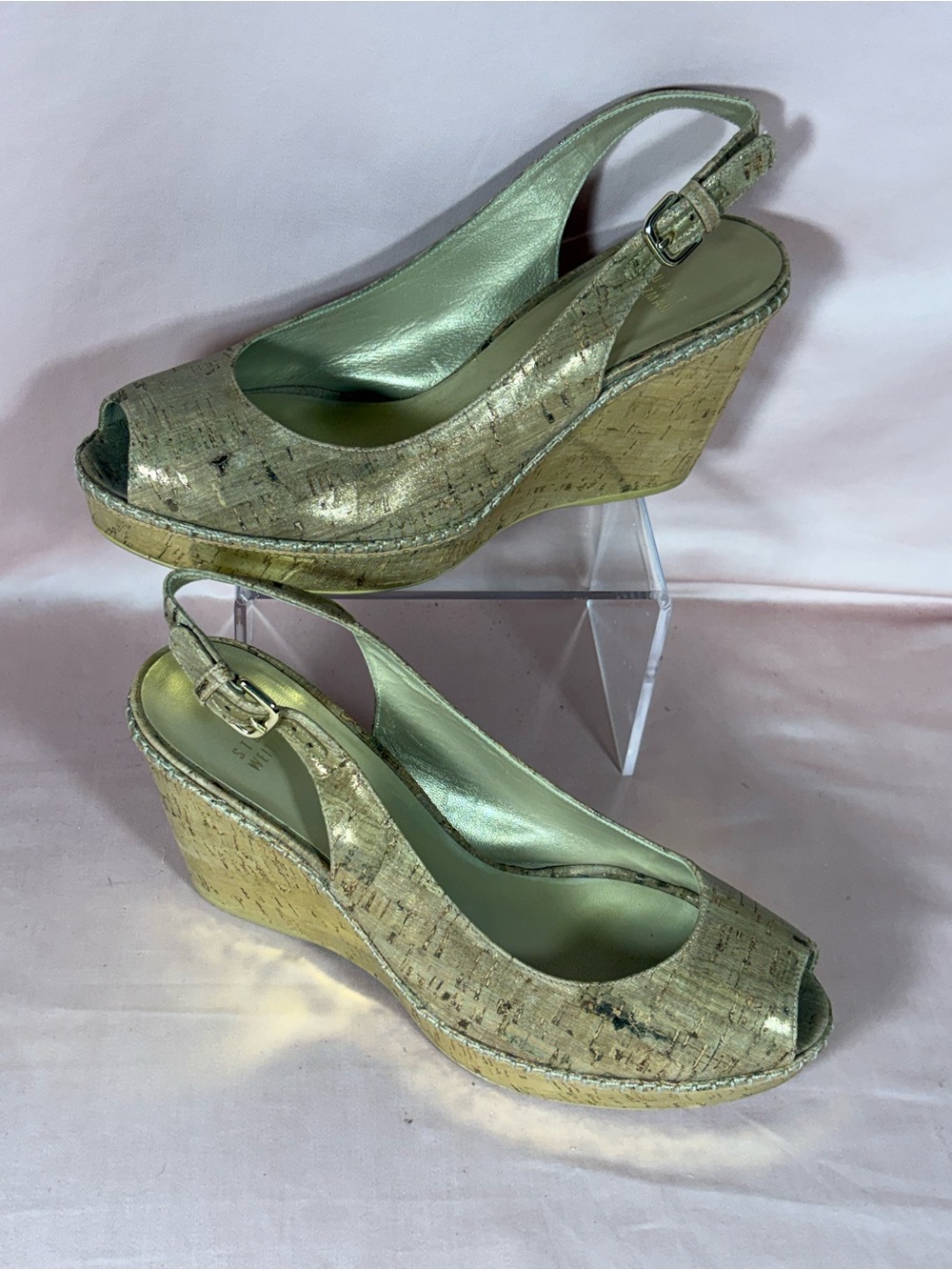 Stuart Weitzman Gold Metallic Cork Look Peep Toe Wedge Slingback Sandals W's 10